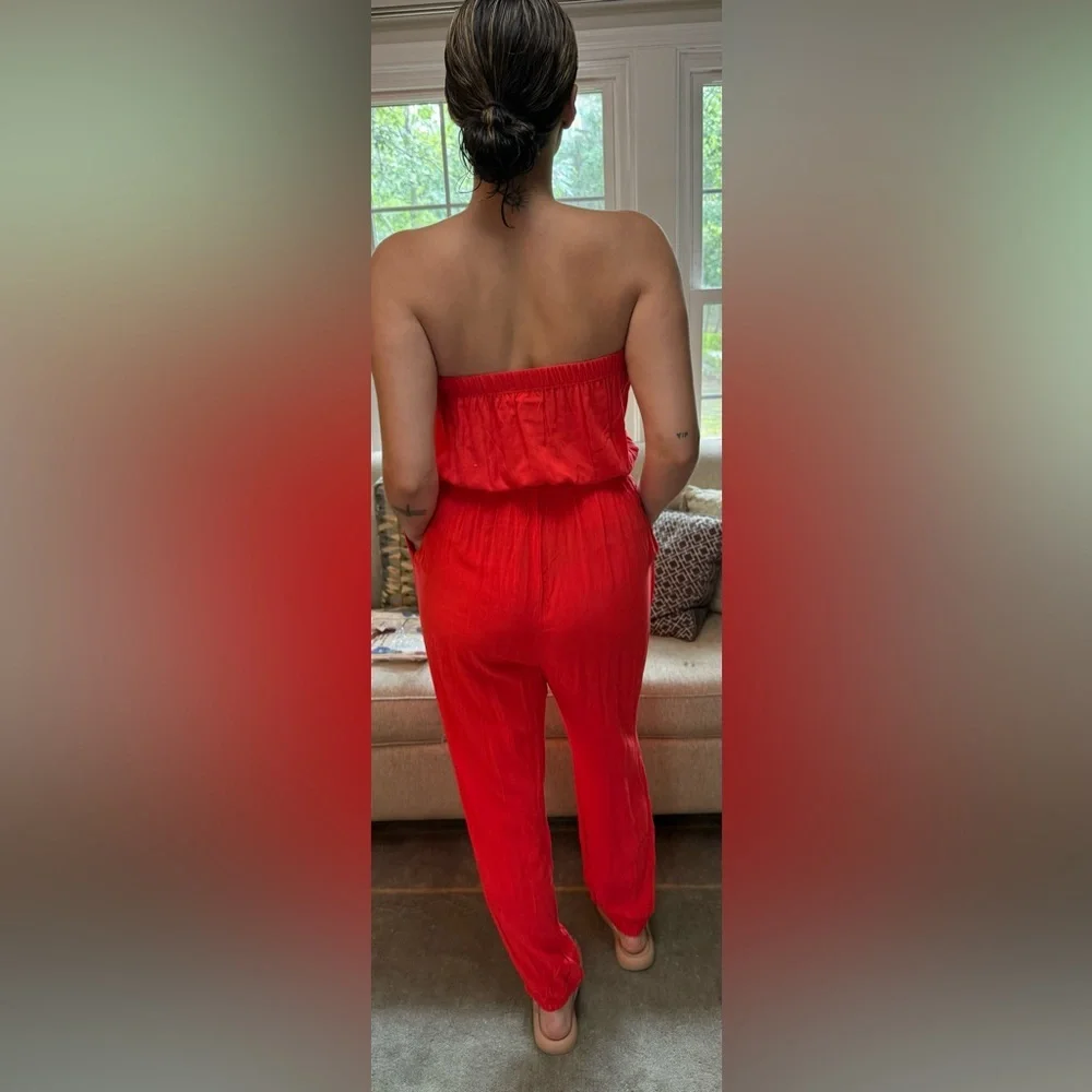 New Eesome Red Strapless Jumpsuit so cute belted S L